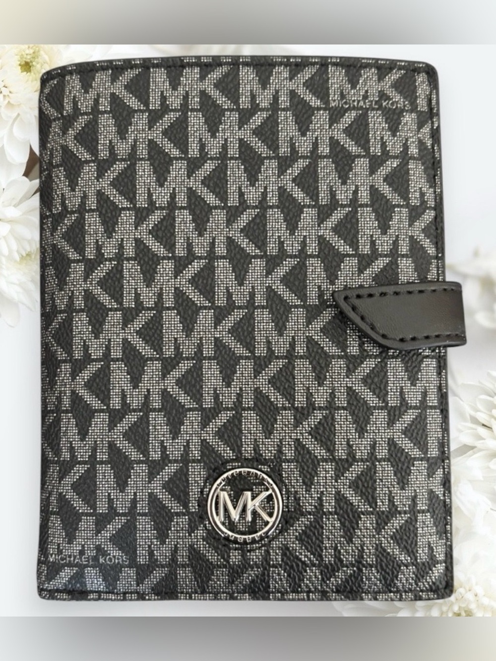 Michael Kors NWOT Black and Gray MK Monogram Passport Holder